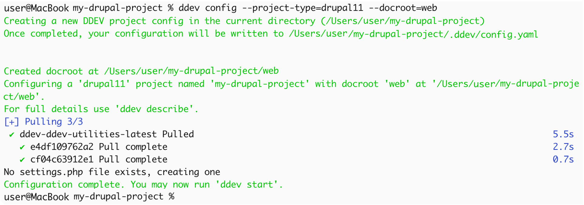 ddev config --project-type=drupal11 --docroot=web コマンド実行結果