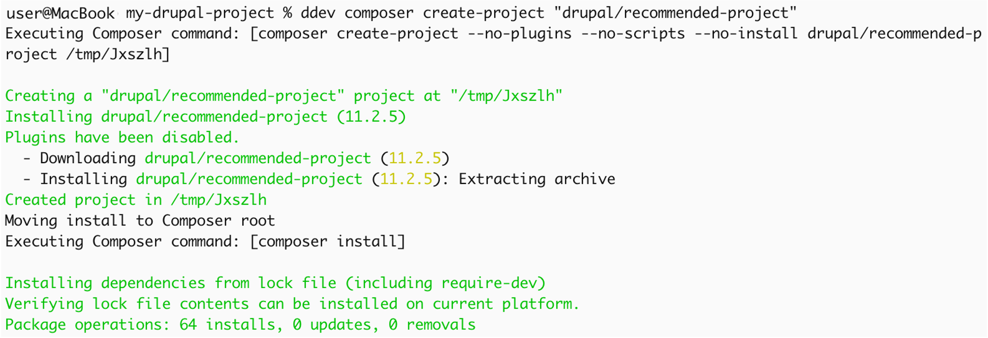 ddev composer create-project "drupal/recommended-project" コマンド実行結果 前半