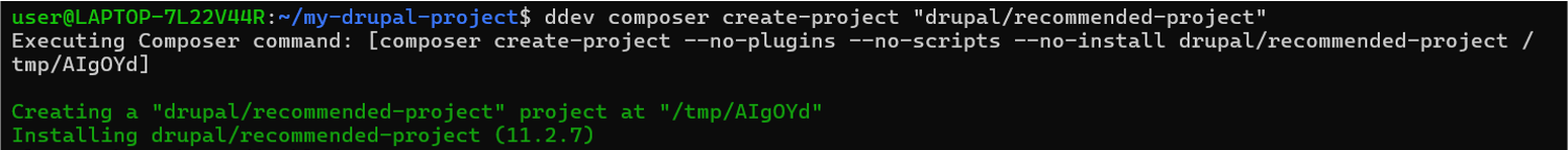 ddev composer create-project "drupal/recommended-project"コマンド実行結果前半