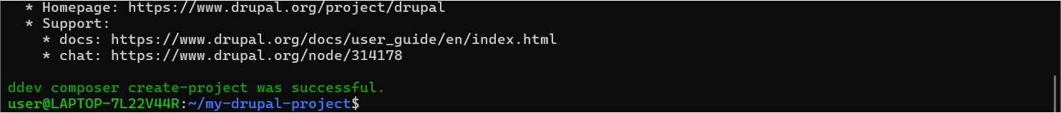 ddev composer create-project "drupal/recommended-project"コマンド実行結果後半